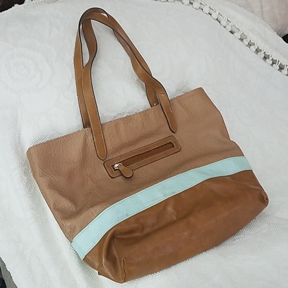 Tiffany Blue and Natural Tan Vegan Leather Hobo